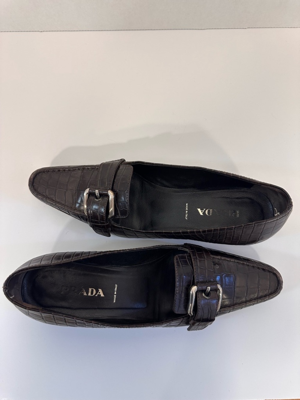 Prada Dark Brown Croc-Embossed Leather Buckle Loafers